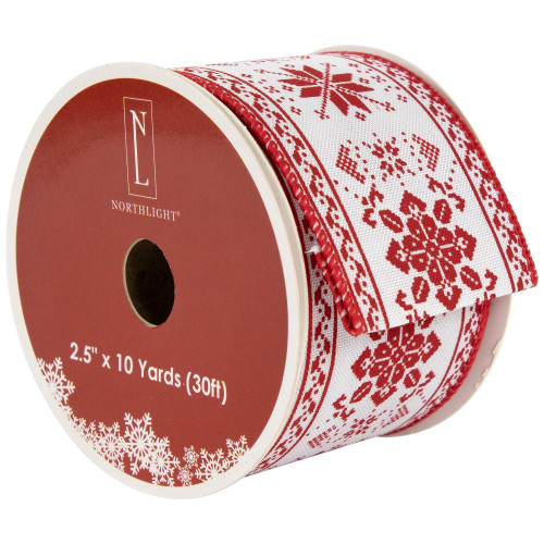 Red and White Knit Pattern Wired Craft Christmas Ribbon 2.5" x 10 Yards