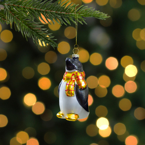 3.75" Black, White, and Yellow Glass Penguin Christmas Ornament
