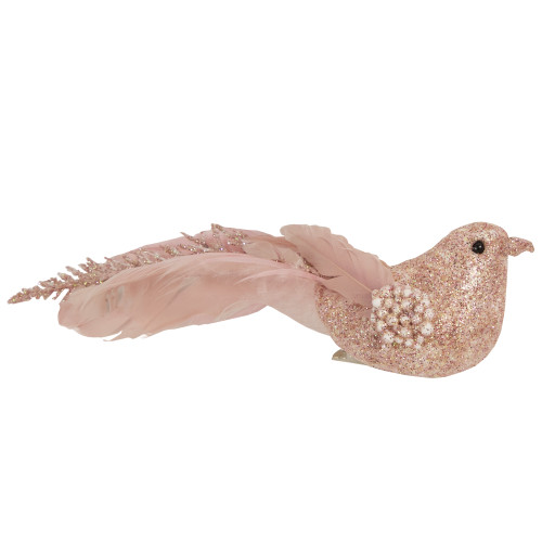 Glittered Bird Christmas Clip-on Ornaments - 6.5" - Pink and Champagne - Set of 3