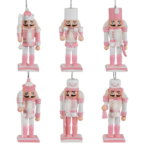 Nutcracker Soldier Christmas Ornaments - 3.25" - Pink and White - Set of 6