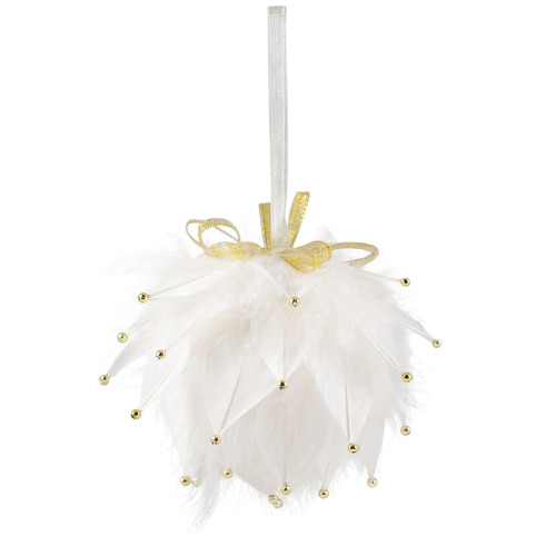 Feathers with Bead Accents Christmas Ball Ornament - 5" - White