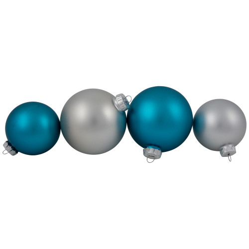 72ct Turquoise Blue and Silver 2-Finish Glass Christmas Ball Ornaments 4" (100mm)