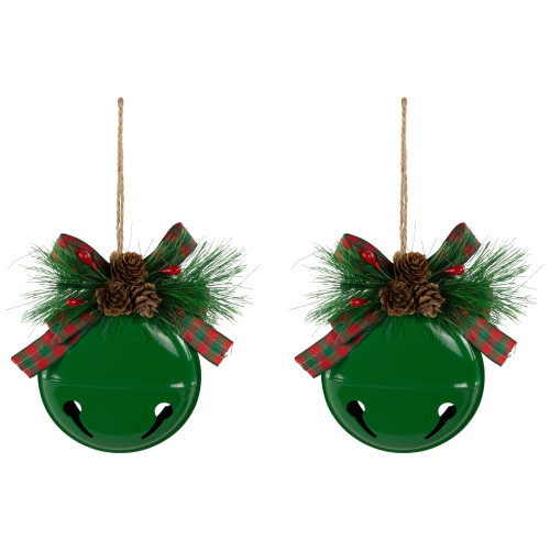 Jingle Bells with Bow and Pinecones Christmas Disc Ornaments - Green - 5" - Set of 2