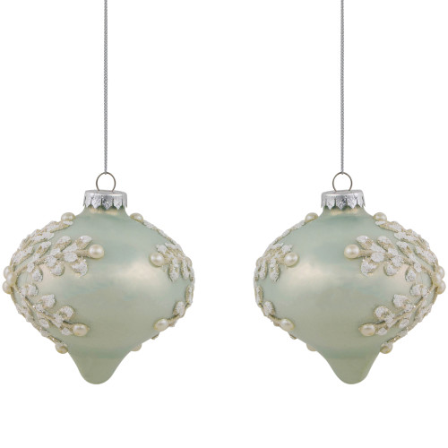 Set of 2 Pastel Green with Icy Snowflakes Christmas Glass Onion Ornaments 4"