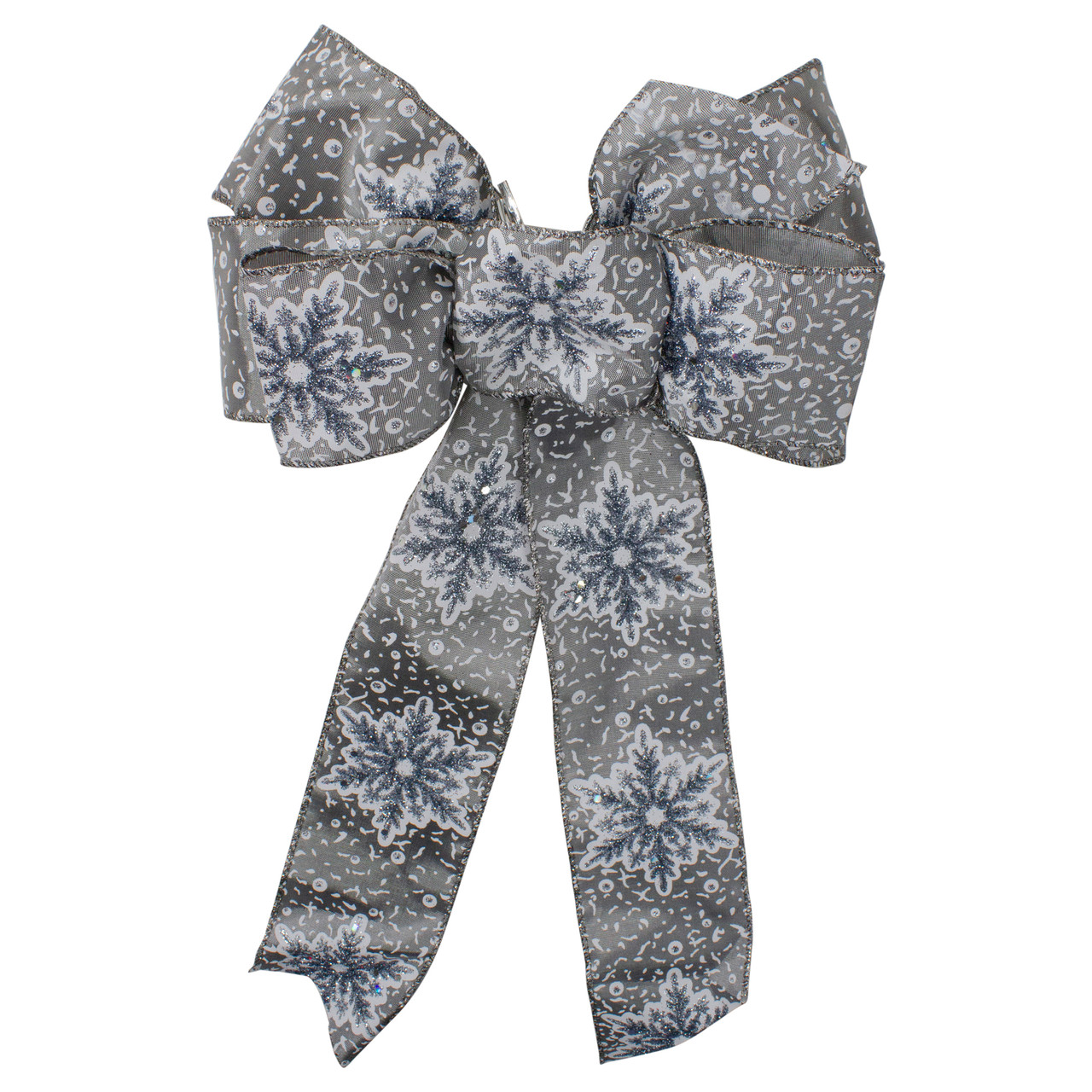 Snowflake 6-Loop Christmas Bow Decoration - 9" x 14" - Gray and White