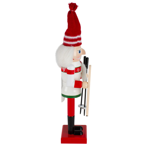 14" Red and White Wooden Skiing Christmas Nutcracker