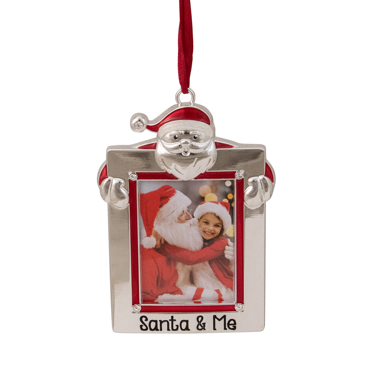 Embellished "Santa and Me" Photo Frame Christmas Ornament - 3.5" - Silver and Red