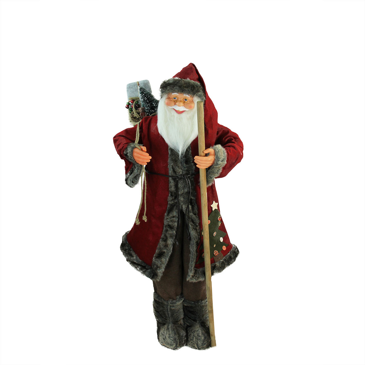 48" Red and Brown Santa Claus with Walking Stick Standing Christmas Figure
