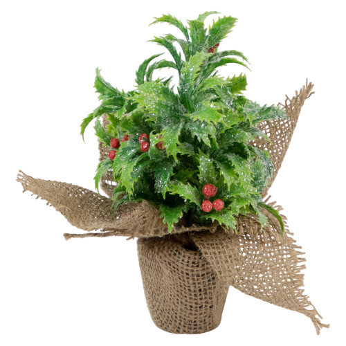 Iced Artificial Christmas Holly Berry Plant in Burlap Base - 8"