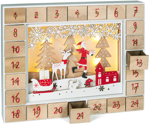 BRUBAKER Reusable Wooden Advent Calendar to Fill - Santa Claus in the Forest with LED Lighting - DIY Christmas Calendar 13.98 x 2.36 x 10.63 inches