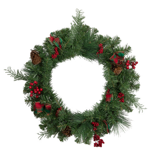 Pine Cones and Berries Artificial Christmas Wreath with Ribbon - 24" - Unlit