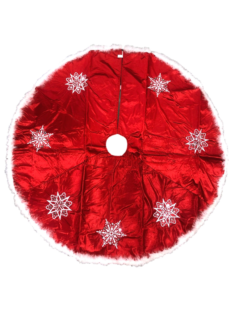 Trimmery Red Satin Snowflake Tree Skirt With Feather Boa Trim Christmas Holiday