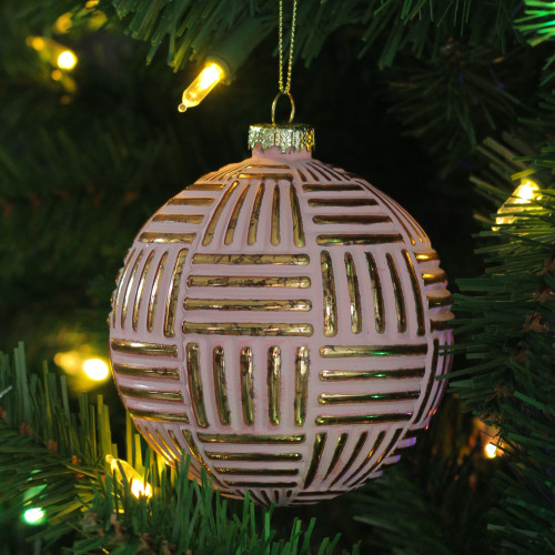 Pink and Gold Striped Matte Glass Christmas Ball Ornament 4" (100mm)