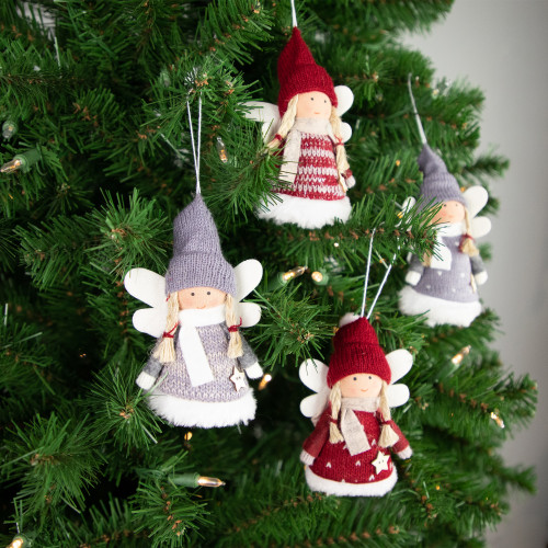 Set of 4 Red and Gray Plush Angel Christmas Ornaments 4.25"