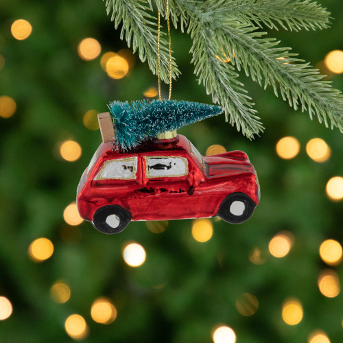 3.5" Red Station Wagon with Tree Glass Christmas Ornament