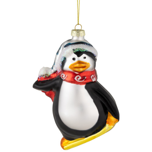 4.25" Snowboarding Penguin Glass Christmas Ornament