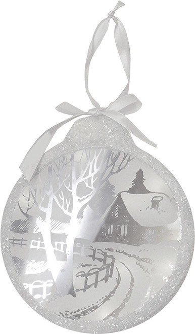 8" White Pre-Lit LED Sparkle Winter Cottage Scene Round Christmas Ornament