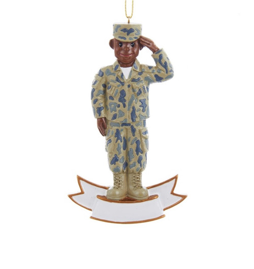 4.25" Blue and Brown Army Uniformed Soldier Saluting Christmas Ornament