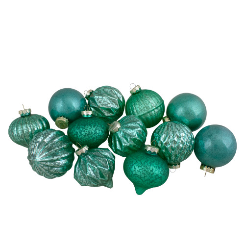 Set of 12 Green Finial and Glass Ball Christmas Ornaments