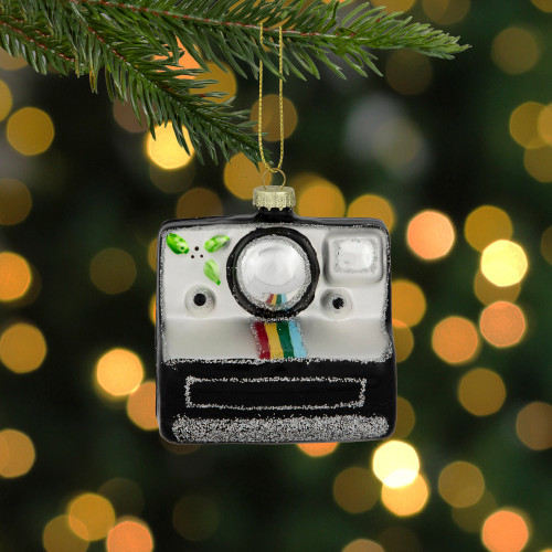 3" Black and Silver Retro Instant Camera Glass Christmas Ornament