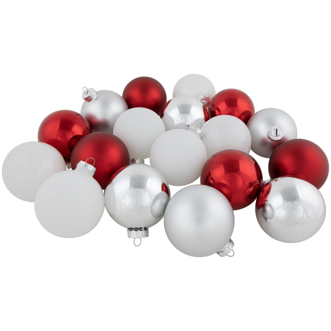 72ct Red, Silver and White Shiny and Matte Glass Ball Christmas Ornaments 3.25-4"
