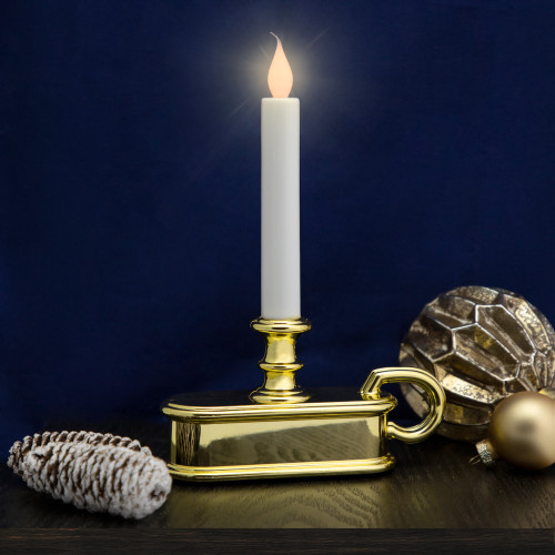 9.5" Pre-Lit LED White Lighted Christmas Candle Lamp with Gold Handle Base