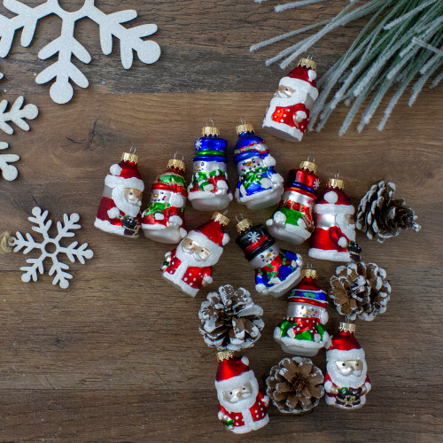 12ct Red Winter Snowmen and Santa Claus Figurine Glass Christmas Ornaments 2.5"