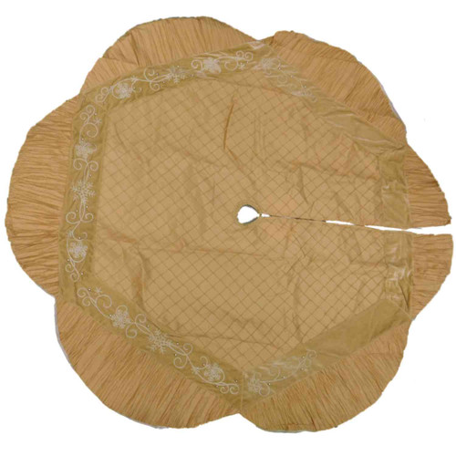 Gold Satin Christmas Tree Skirt With Silver Embriodered Snowflakes Silver Beads