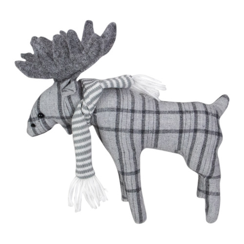 Checkered Moose with Striped Scarf Christmas Figure - 10" - Gray