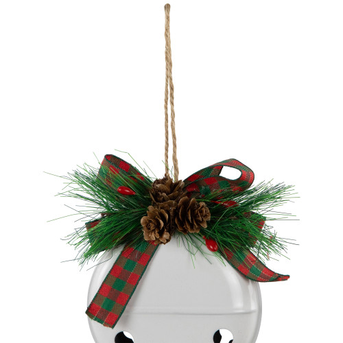 Jingle Bells with Bow and Pinecones Christmas Disc Ornaments - White - 5" - Set of 2