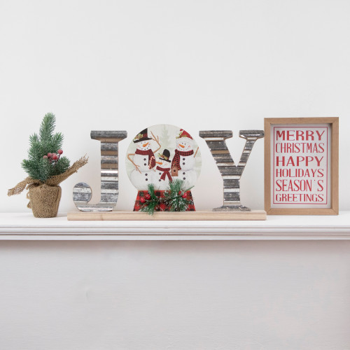15" Galvanized Metal and Wooden 'Joy' Snowman Family Christmas Sign