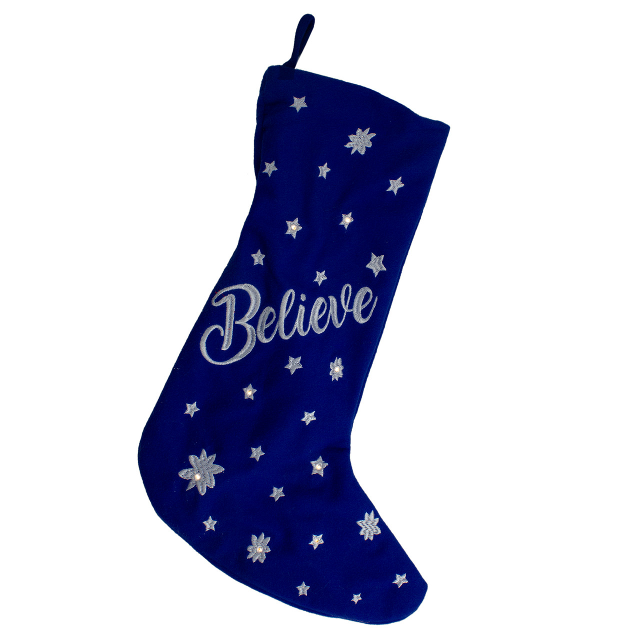 18" LED Blue Stocking "Believe" with White Snowflakes