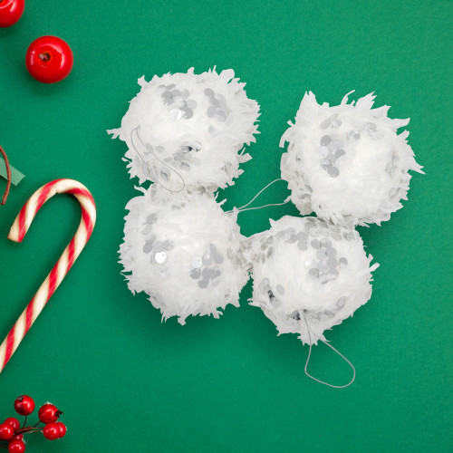 Feather Ball with Large Sequins Christmas Ornaments - 3.5" - White - Set of 4