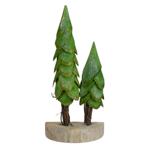Christmas Trees on a Wooden Base Decoration - 9" - Brown and Green