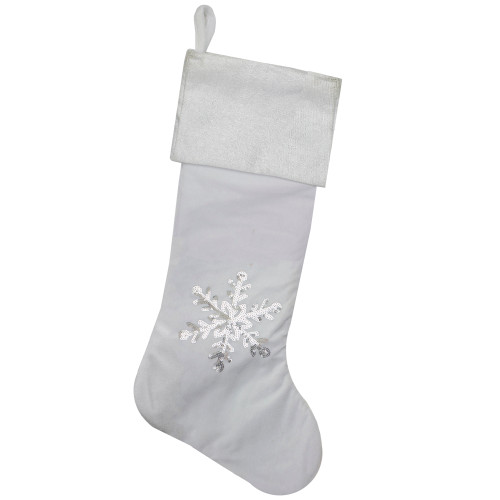 20" White Christmas Stocking with Silver Sequin Snowflake