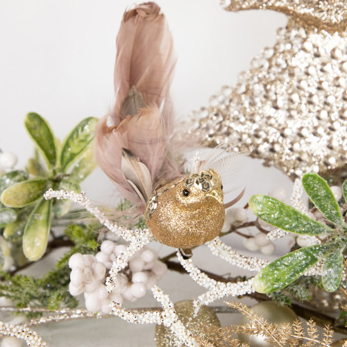 6" Gold Sequins and Glitter Bird with Clip and Feathers Christmas Ornament