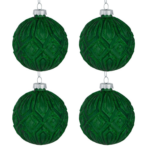 4ct Green Glittered Diamonds Glass Christmas Ball Ornament 3" (80mm)