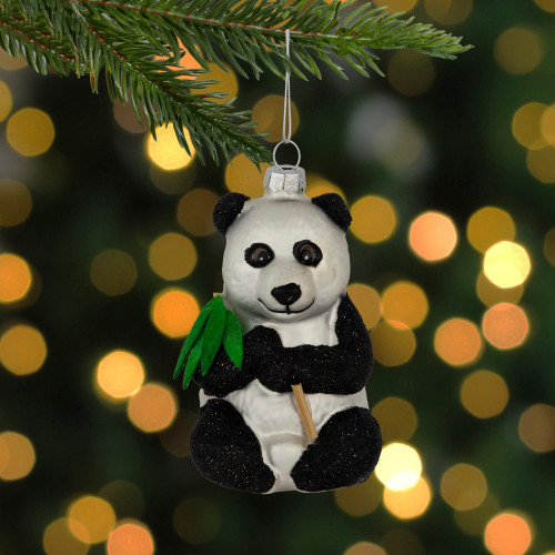 4" Black and White Glittered Panda Glass Christmas Hanging Ornament