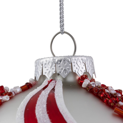 Set of 2 Silver with Red Glitter and Beads Striped Glass Christmas Ball Ornaments 4"