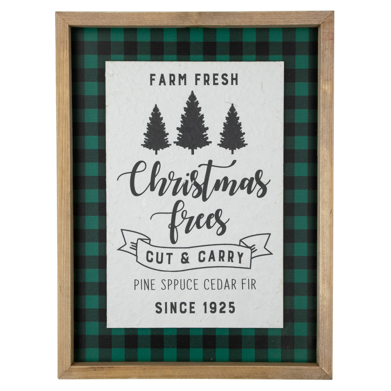 16" Buffalo Plaid Wooden Framed "Farm Fresh Christmas Trees" Wall Decor