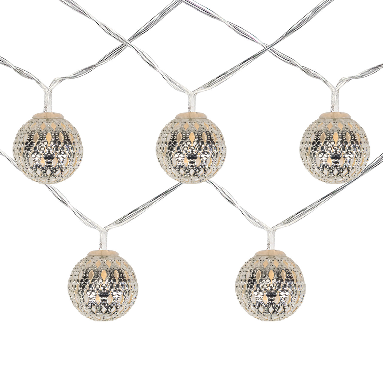 Battery Operated Metal Ball Christmas Lights - Warm White LED - 6.25' Clear Wire - 10ct