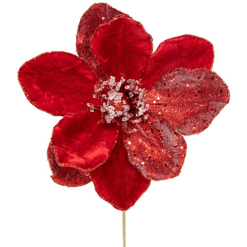 18" Red Magnolia Glittered Christmas Stem Spray