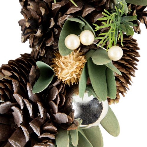 Silver and Green Mixed Foliage and Pinecone Christmas Wreath, 13.5-Inch, Unlit