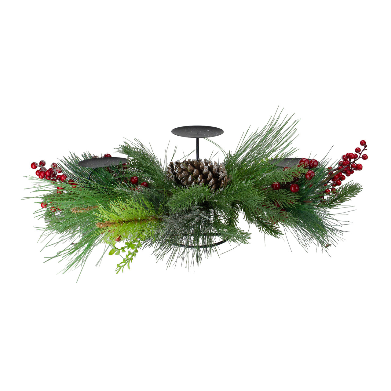 32" Iced Mixed Pine, Berries and Pine Cones Christmas Pillar Candle Holder