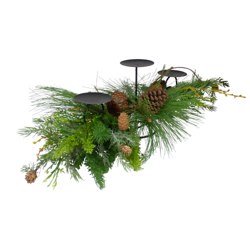 32" Brown and Green Artificial Pine Cone and Pine Needle Christmas Candle Holder