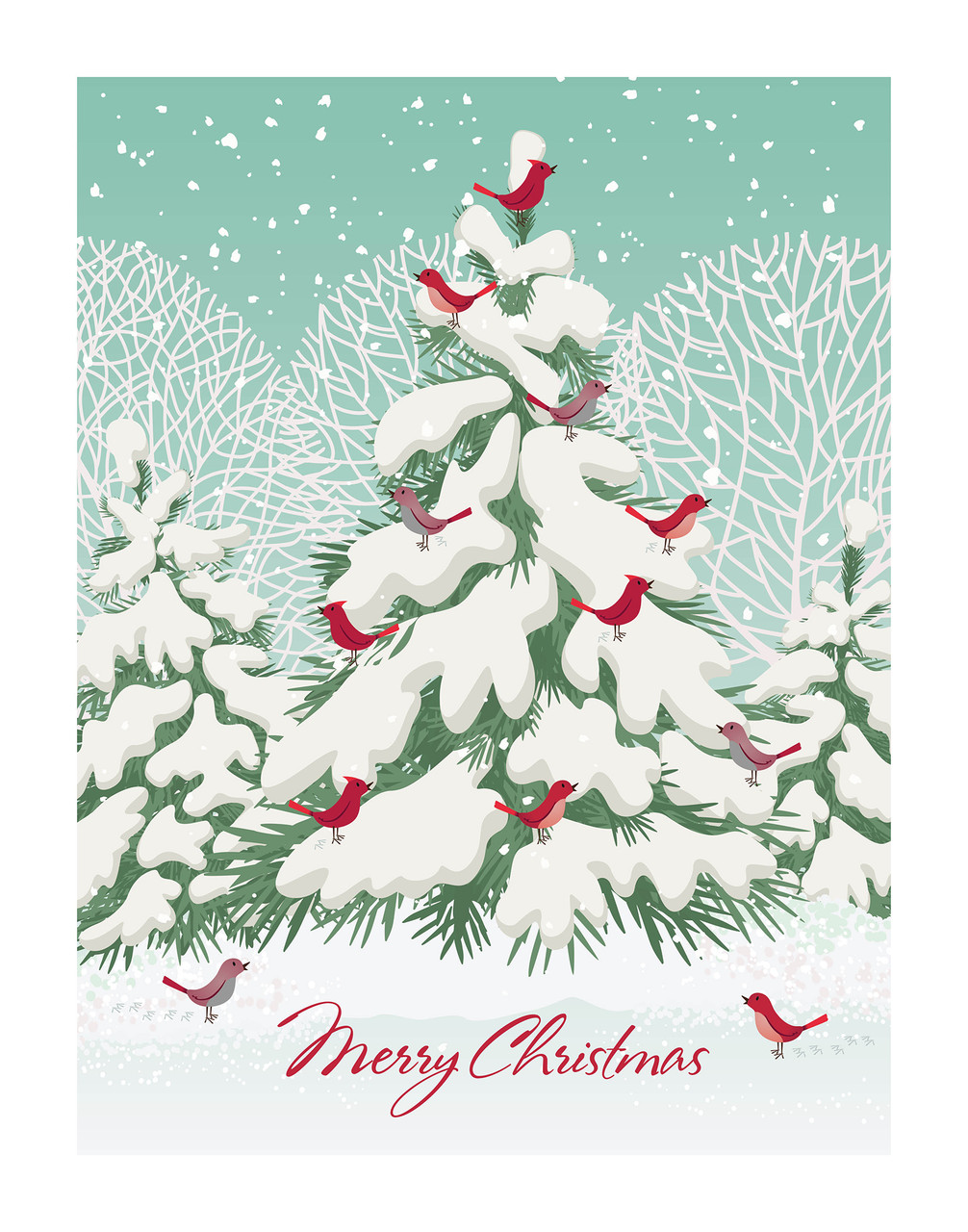 Snowy Tree Birds Christmas Holiday Wall Decor Art Print