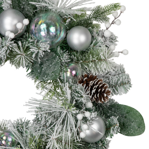 Flocked Pine Artificial Christmas Wreath with Iridescent Ornaments, 24-Inch, Unlit