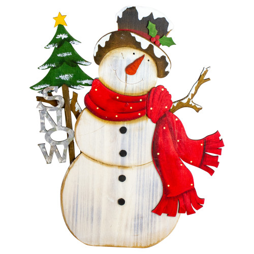 Snowman with "Snow" and Pine Tree Sign Wooden Christmas Decoration - 18"