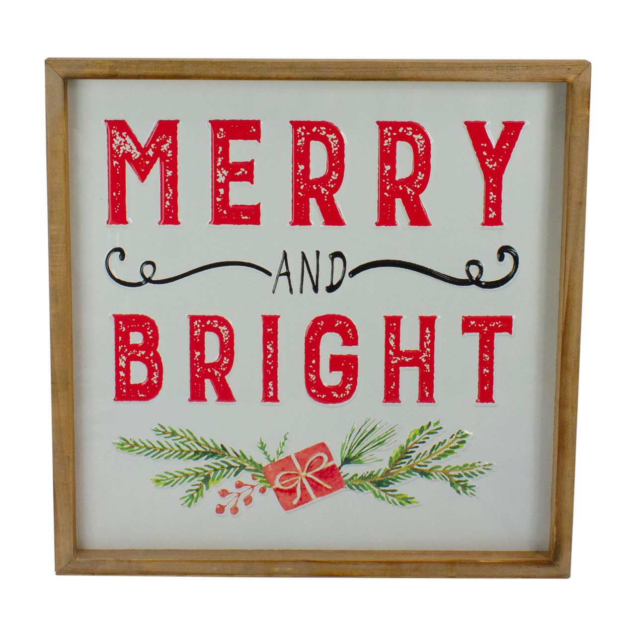 16" Wooden Framed "Merry And Bright" Metal Christmas Sign