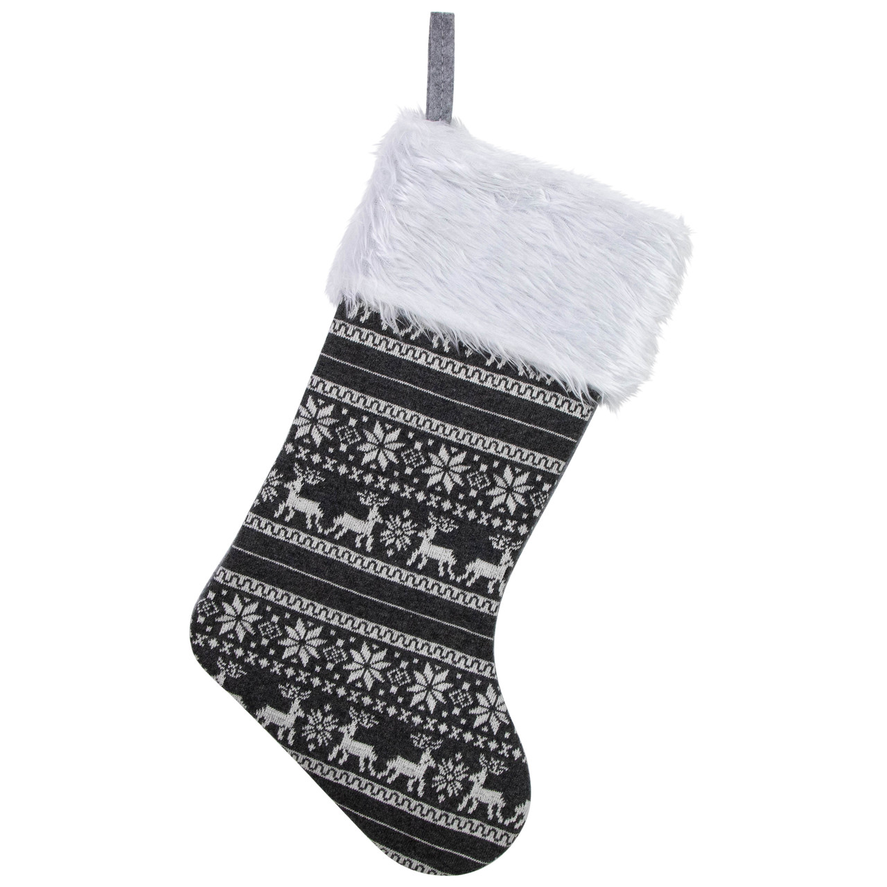 19" Gray and White Reindeer and Snowflake Knit Christmas Stocking with Faux Fur Cuff
